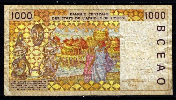 Billet de collection Etats Afrique de l'ouest Côte d'Ivoire 1000 francs année 1999 pick 111i VF