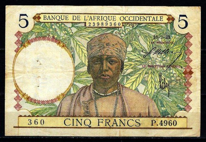 Billet de collection Afrique Occidentale 5 francs 10-3-38 (1) pick 21 occasion F/VF