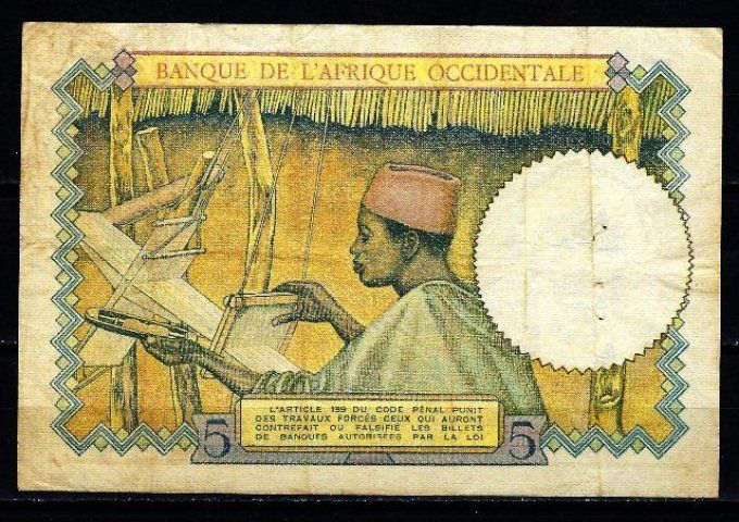 Billet de collection Afrique Occidentale 5 francs 10-3-38 (1) pick 21 occasion F/VF