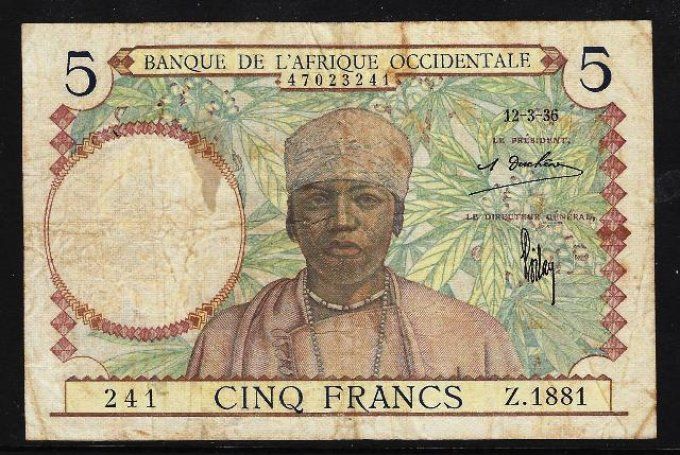 Billet de collection Afrique Occidentale 5 francs 12-3-36 (2) pick 21 occasion F/VF