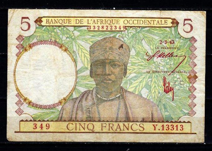 Billet de collection Afrique Occidentale 5 francs 2-3-43 (1) pick 26 occasion F/VF