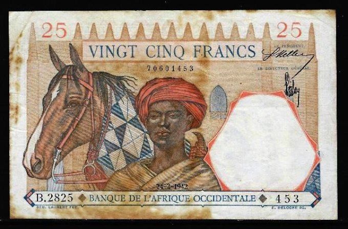 Billet de collection Afrique Occidentale 25 francs 24-2-42 (1) pick 27 occasion F/VF