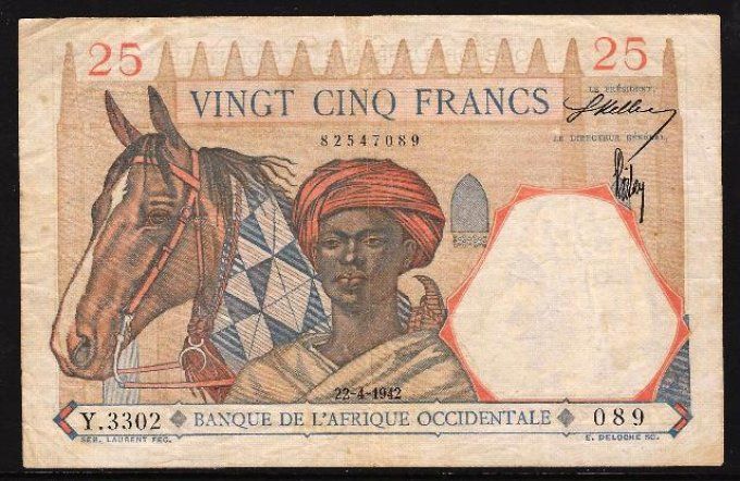 Billet de collection Afrique Occidentale 25 francs 22-4-42 (2) pick 27 occasion F/VF