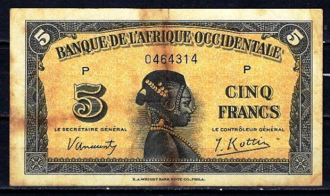 Billet de collection Afrique Occidentale 5 francs 14-12-42 (1) pick 28a occasion F/VF