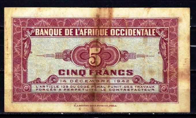 Billet de collection Afrique Occidentale 5 francs 14-12-42 (1) pick 28a occasion F/VF