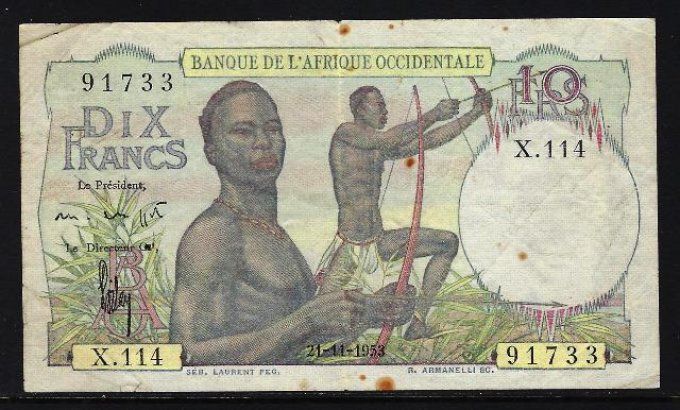 Billet de collection Afrique Occidentale 10 francs 21-11-53 (2) pick 37 occasion F/VF