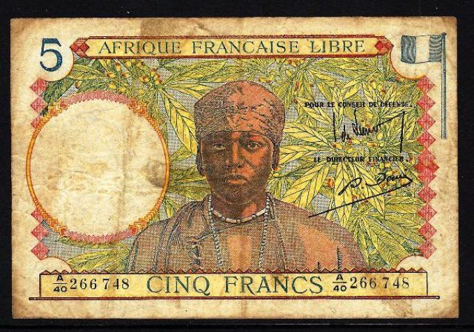 Billet de collection Afrique Equatoriale 5 francs 1941 (1) pick 6 occasion F/VF