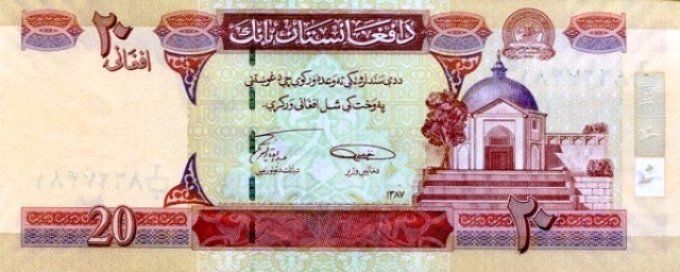 Billet Afghanistan 2008 20 afghanis pick 68d UNC