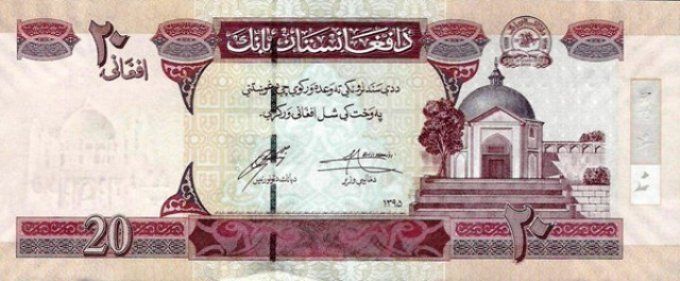 Billet Afghanistan 2016 20 afghanis pick 68f UNC 