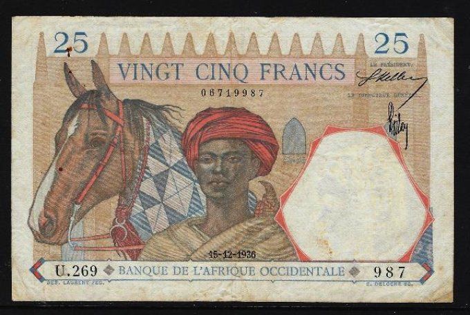 Billet de collection Afrique Occidentale 25 francs 15-12-36 (1) pick 22 occasion F/VF