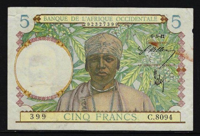 Billet de collection Afrique Occidentale 5 francs 6-3-41 (1) pick 25 occasion F/VF