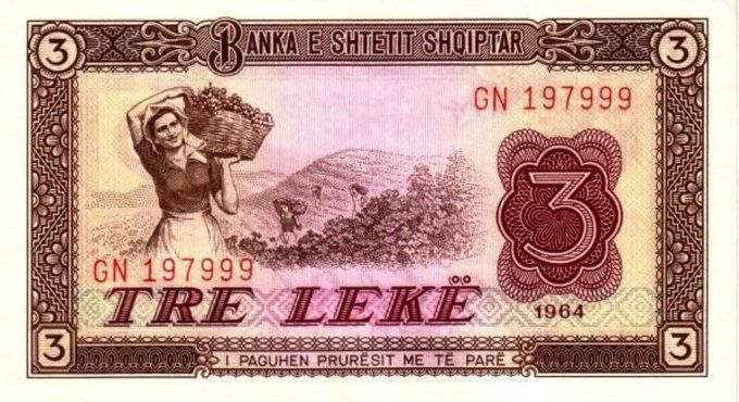 Billet d'Albanie 3 Lekë 1964 pick 34 UNC