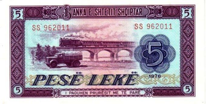 Billet d'Albanie 5 Lekë 1976 pick 42 UNC