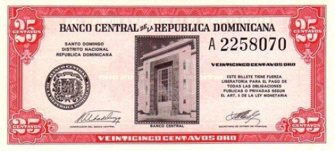 Billet République Dominicaine 1962 25 Centavos Oro pick 87 UNC